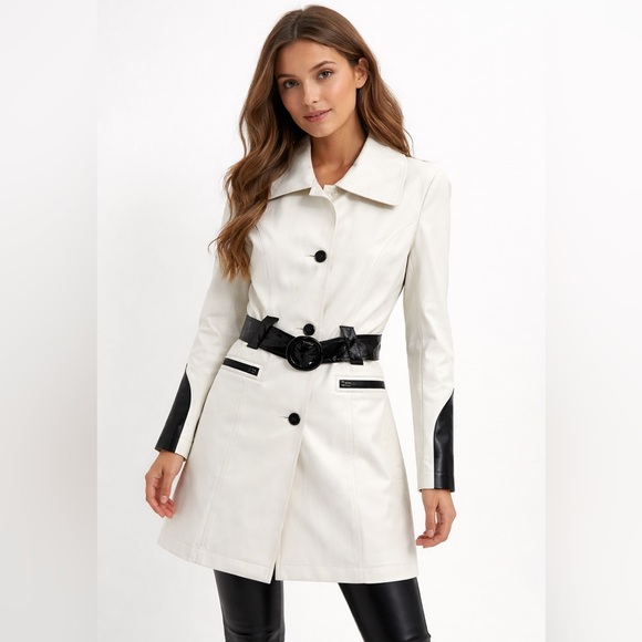 Via Spiga Jackets & Blazers - Via Spiga Women’s Ivory & Black Belted Midi Trench Coat 100% Cotton Sz XS NWOT